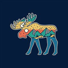 Moose Double Exposure – Retro Mountain Landscape Illustration