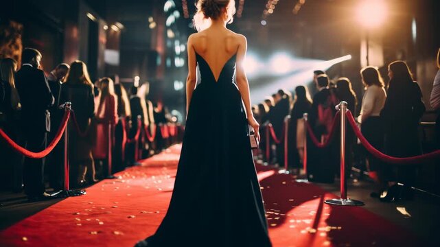 Red carpet event captured from a low angle, showcasing glamorous attendees and bright lights, evoking a cinematic video premiere atmosphere.