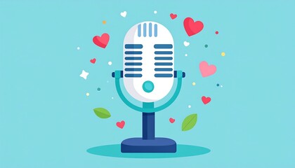 Illustration of a vintage microphone with hearts and leaves