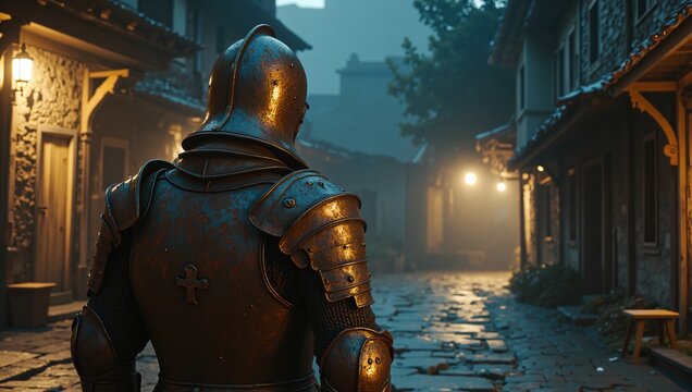 A medieval knight in rusty armor stands prominently in a dimly lit empty street, ghotic dark atmosphere
