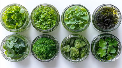 Obraz premium Variety of green algae displayed in glass jars for study Generative AI