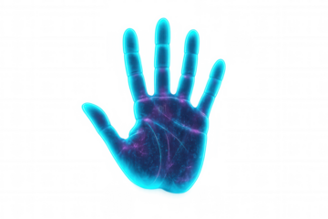 Human hand glowing with blue and purple light showcasing future technology, science, and ai on a transparent background