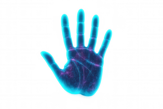 Human hand glowing with blue and purple light showcasing future technology, science, and ai on a transparent background