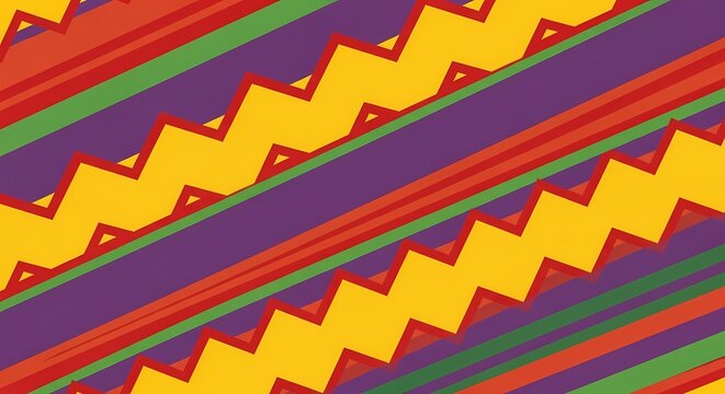 Vibrant Geometric Pattern Featuring Diagonal Stripes and Zigzag Motifs in Bold Red Purple Yellow and Green Hues Creating a Dynamic and Lively Visual Texture for Diverse Design Applications