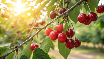 Cherry on tree in garden, Cherry hanging on tree in natural warm sunlight view