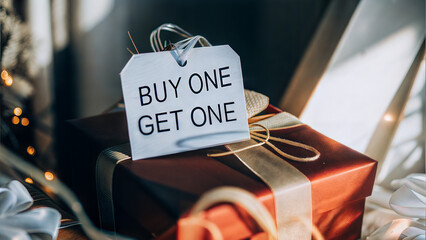 Buy one get one tag on Christmas gift box with ribbon and holiday decorations