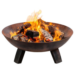 Fire pit with burning logs on transparent background