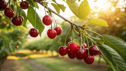 Cherry hanging on tree in garden, Cherries on tree in natural warm sunlight background