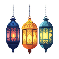 Three hanging lanterns on transparent background