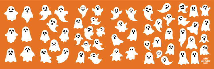 A collection of cute and funny white ghost characters on an orange background. Perfect for Halloween party invitations, kids' decorations, wrapping paper, seamless patterns, web design, and seasonal