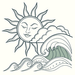 Sun with face over wave in vector format