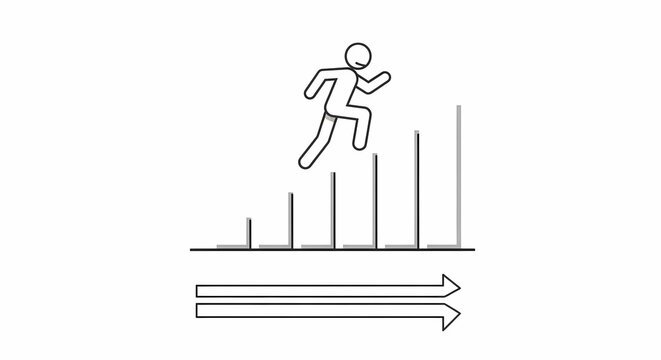 Stylized representation of a stick figure ascending a series of rising bars indicating progress and upward momentum with bidirectional arrows suggesting movement and directionality conveying