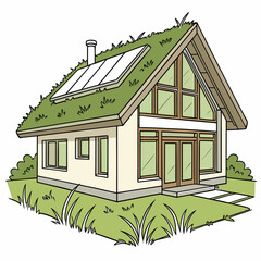 Ecofriendly house with green roof and solar panels © dog