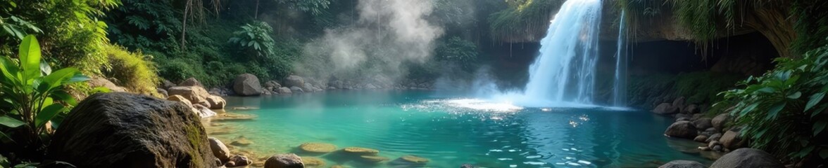 Naklejka premium Steam rises from a cascading waterfall flowing into a natural hot spring pool, surrounded by lush greenery The warm water creates a mystical and relaxing atmosphere , beauty, vibrant, majestic