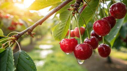 Cherry hanging on tree with water drop in garden, Cherries on tree in natural warm sunlight background