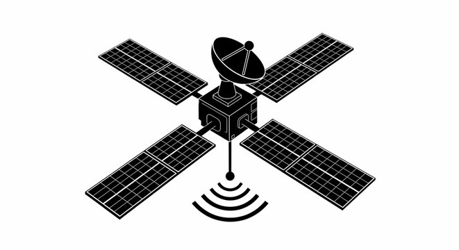 Satellite Icon Black Silhouette with Solar Panels and Signal Waves Vector Illustration