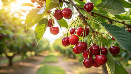 Cherry on tree in garden, Cherries on tree in natural warm sunlight background