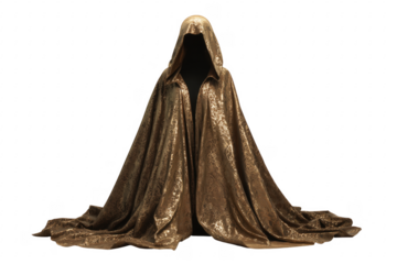 Ornate hooded cloak draped on black gold fabric isolated on a transparent background