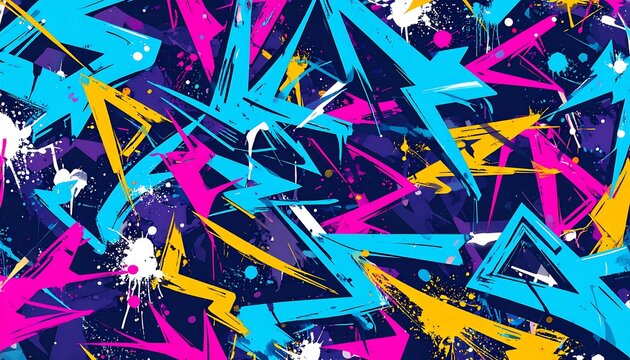 Vibrant, abstract graffiti pattern with bold shapes and splatters