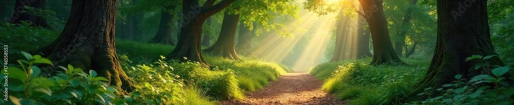 Wall mural sun-dappled forest path meandering through ancient trees, lush undergrowth, dappled light filtering 