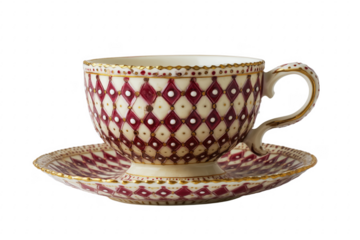 Ornate porcelain teacup and saucer with diamond pattern isolated on a transparent background