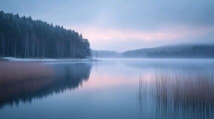 Obraz premium Misty winter lake scene with frosted trees