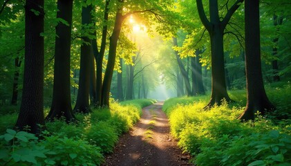 Obraz premium Sun-dappled forest path winding through lush green canopy, sunlight filtering through leaves, peaceful woodland scene , quiet, forest floor