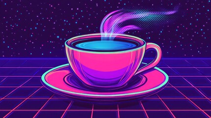 Fototapeta premium Retro cup of coffee, vibrant colors, neon grid