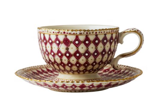 Ornate porcelain teacup and saucer with diamond pattern isolated on a transparent background