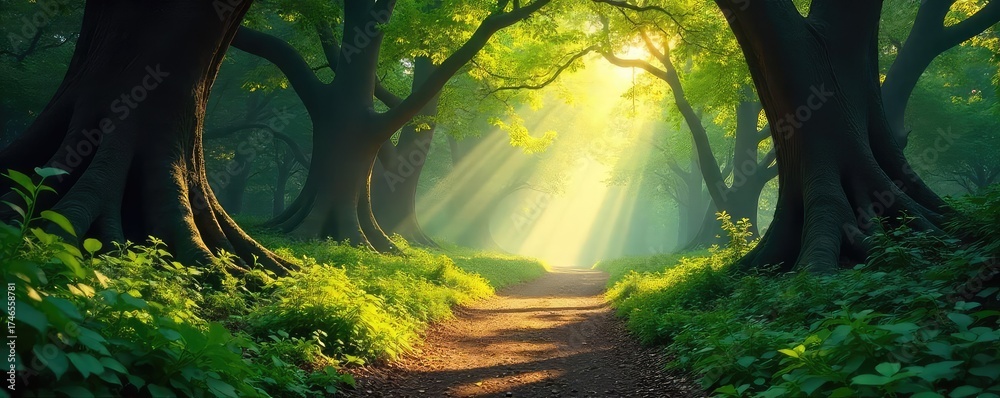 Poster sun-dappled path winding through a lush, ancient forest, sunlight filtering through leaves, creating