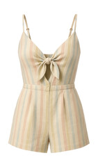 Striped linen romper featuring adjustable straps and a tie-front accent.