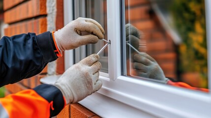 Person in work gloves adjusts window frame