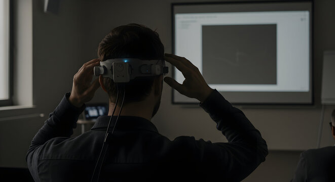 Man Using Virtual Reality Headset During Presentation in Modern Conference Room with Projector Screen Displaying Graphical Data