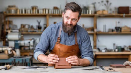 Bearded craftsman working with leather in workshop, concept of handmade craftsmanship, creativity and artisan design