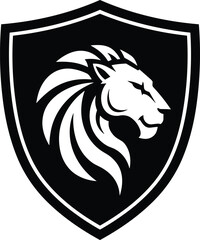 Lion head shield emblem, powerful animal silhouette, courage and strength symbol, heraldic design artwork, noble protection graphic, majestic branding icon
