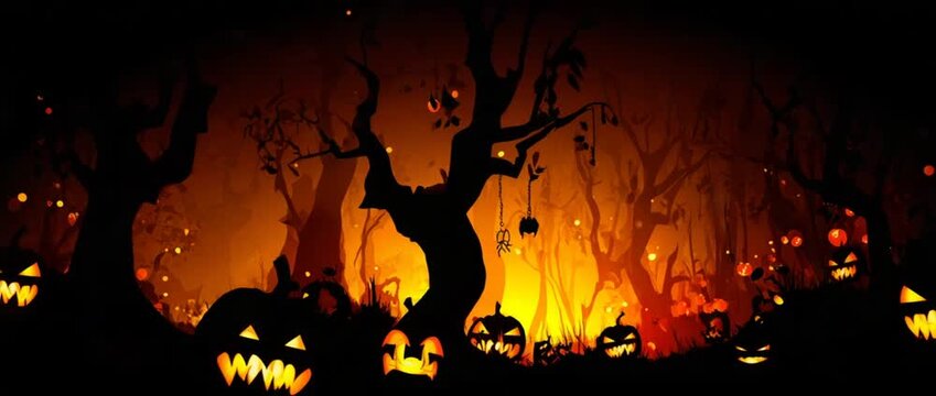 Halloween forest scene with lit pumpkins and silhouetted trees