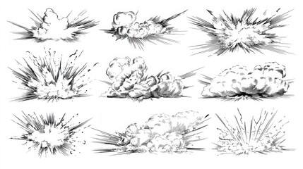 Explosive Illustrations Capturing Various Blast Effects and Smoke Clouds in a Dramatic Black and White Style
