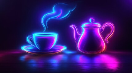 Neon-lit coffee cup and teapot on a dark surface