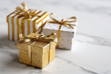 Golden gift boxes with ribbon – holiday present, celebration and luxury packaging concept