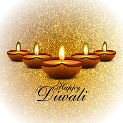 Happy Diwali Festival Greeting Background with Five Glowing Diyas, Sparkling Golden Glitter Texture, Warm Festive Light, and Elegant Indian Celebration Design for Greeting Card or Poster