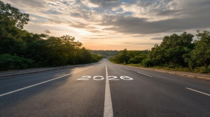 Fototapeta premium An open road stretches into the distance under a partly cloudy dawn or dusk sky,