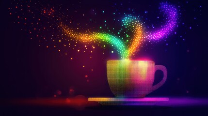 Vibrant rainbow colored digital cup of coffee with sparkling particles