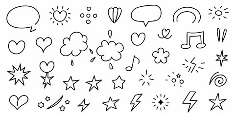 Collection of hand drawn doodle icons featuring hearts stars clouds speech bubbles music notes and lightning bolts