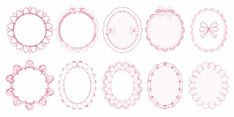 Collection of delicate pink decorative frames and borders with bows and scalloped edges