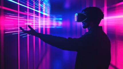 Person wearing VR headset interacting with glowing digital data streams