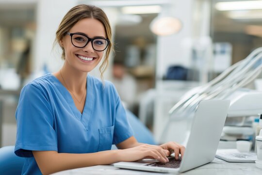 Professional dental hygienist working on laptop in clinic &ndash; oral health care and modern tech workflow concept