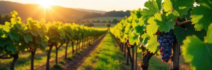 Naklejka premium Sun-drenched rows of grapevines stretch across a picturesque vineyard, ready for harvest Lush green leaves and plump grapes showcase the beauty of wine country , sun, rows, scenic