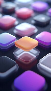 A close-up photograph of variously colored square silicone phone pop sockets, arranged on a black surface