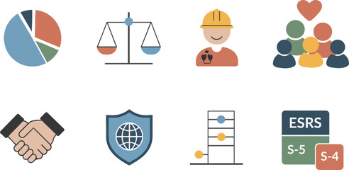 social impact icons vector – gender diversity, pay equity, health safety, inclusive team – ESRS S1 S2 S3 S4 ESG reporting set