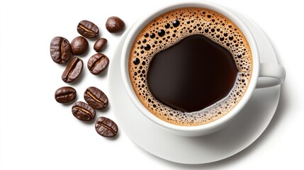 Overhead view of coffee cup and beans
